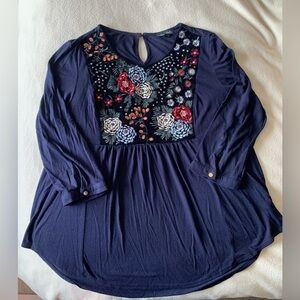 RXB Women's Navy Floral Embroidered Long Sleeve Tunic Blouse size L